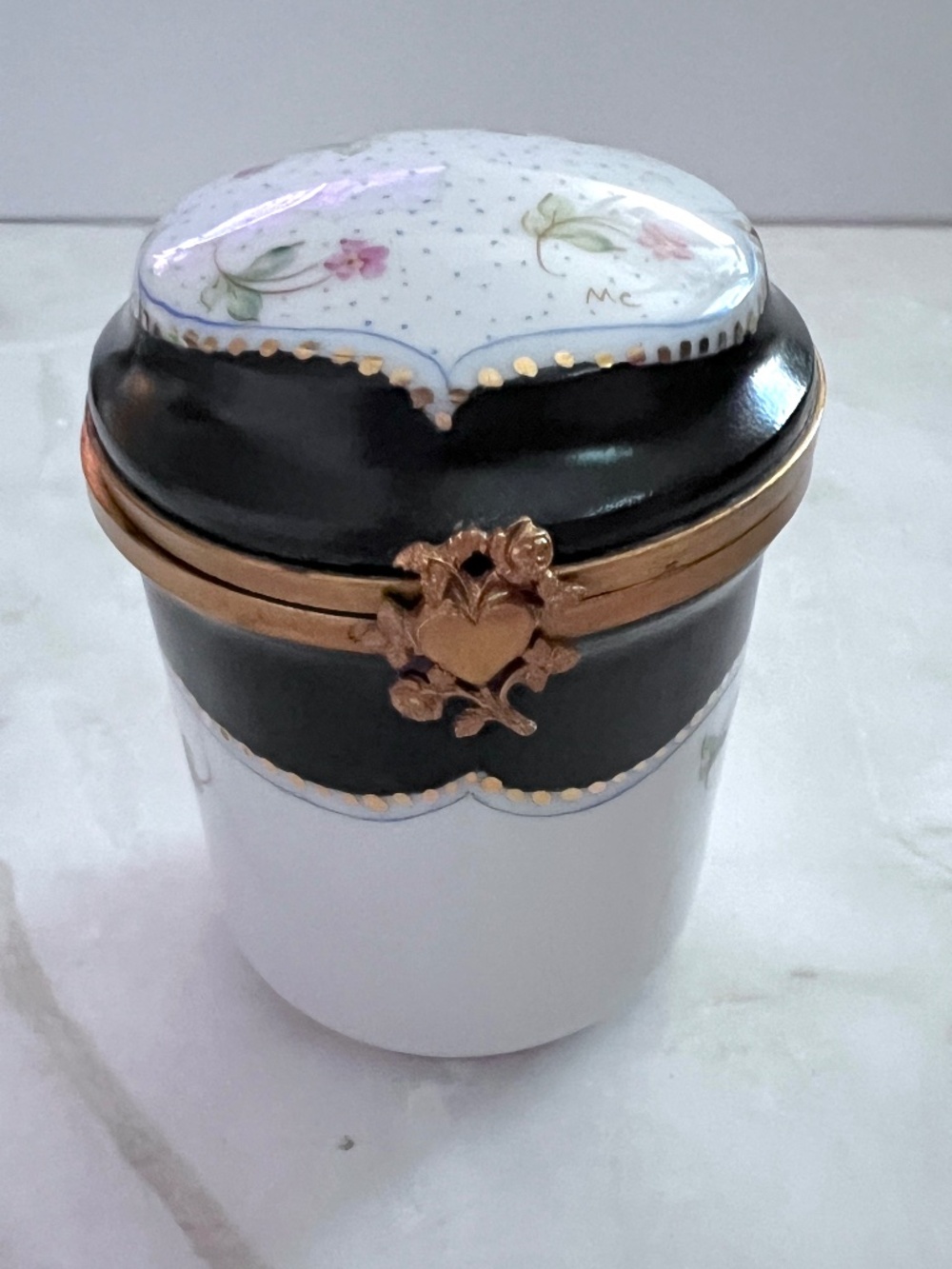 Vintage Limoges France Jar Form Trinket Box Hand Painted Dotted Floral Black